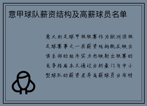 意甲球队薪资结构及高薪球员名单