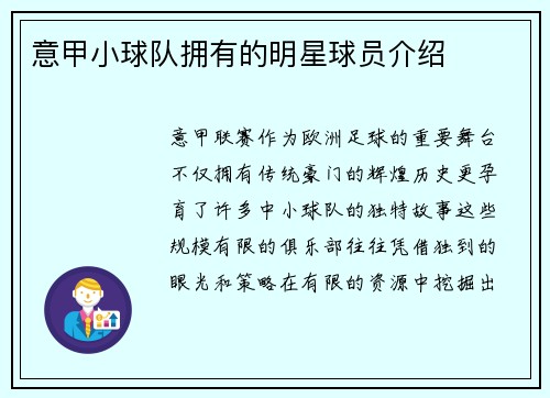 意甲小球队拥有的明星球员介绍